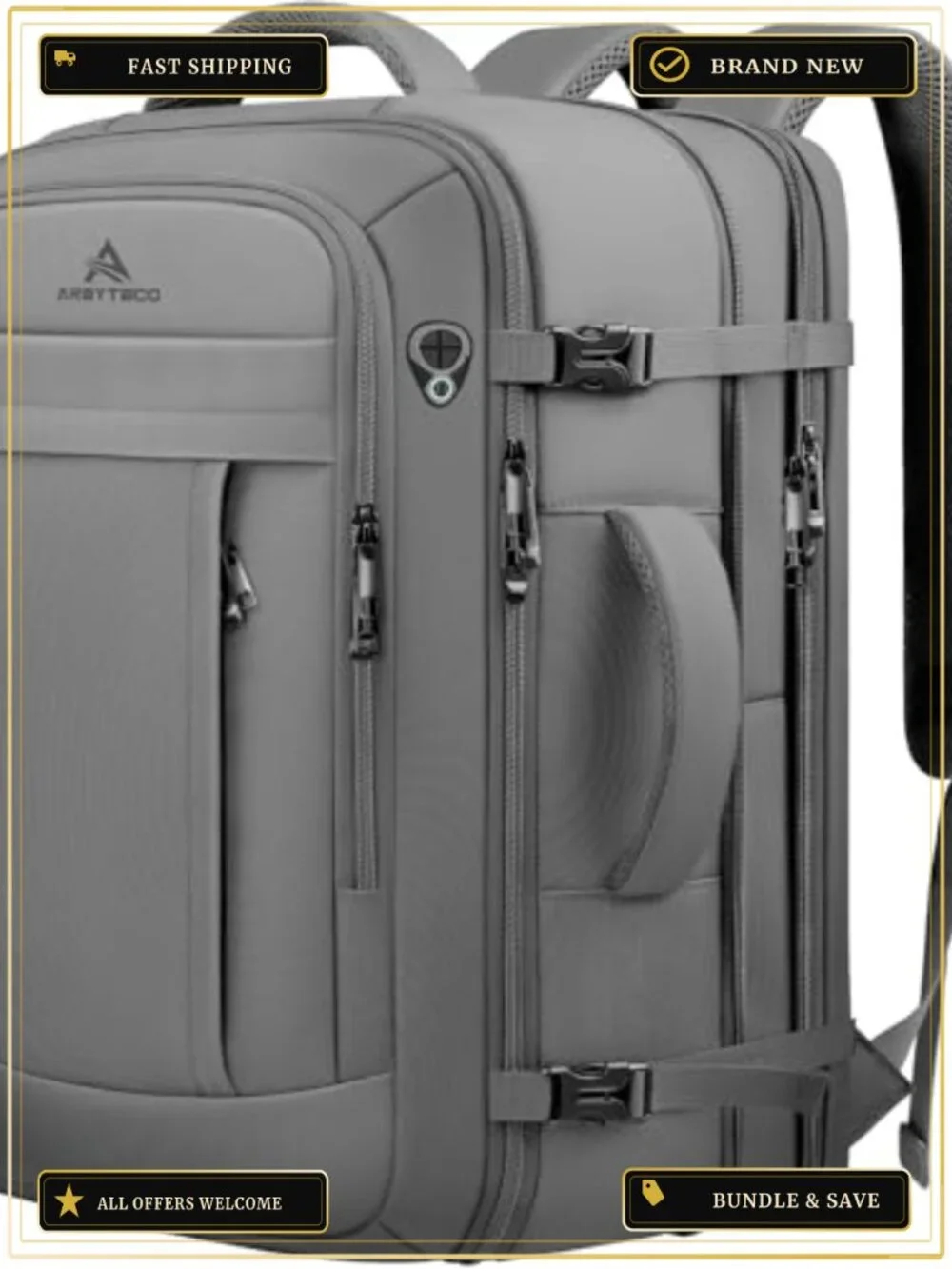 50L Expandable Travel Laptop Backpack with USB Port and Luggage Strap, Nylon,